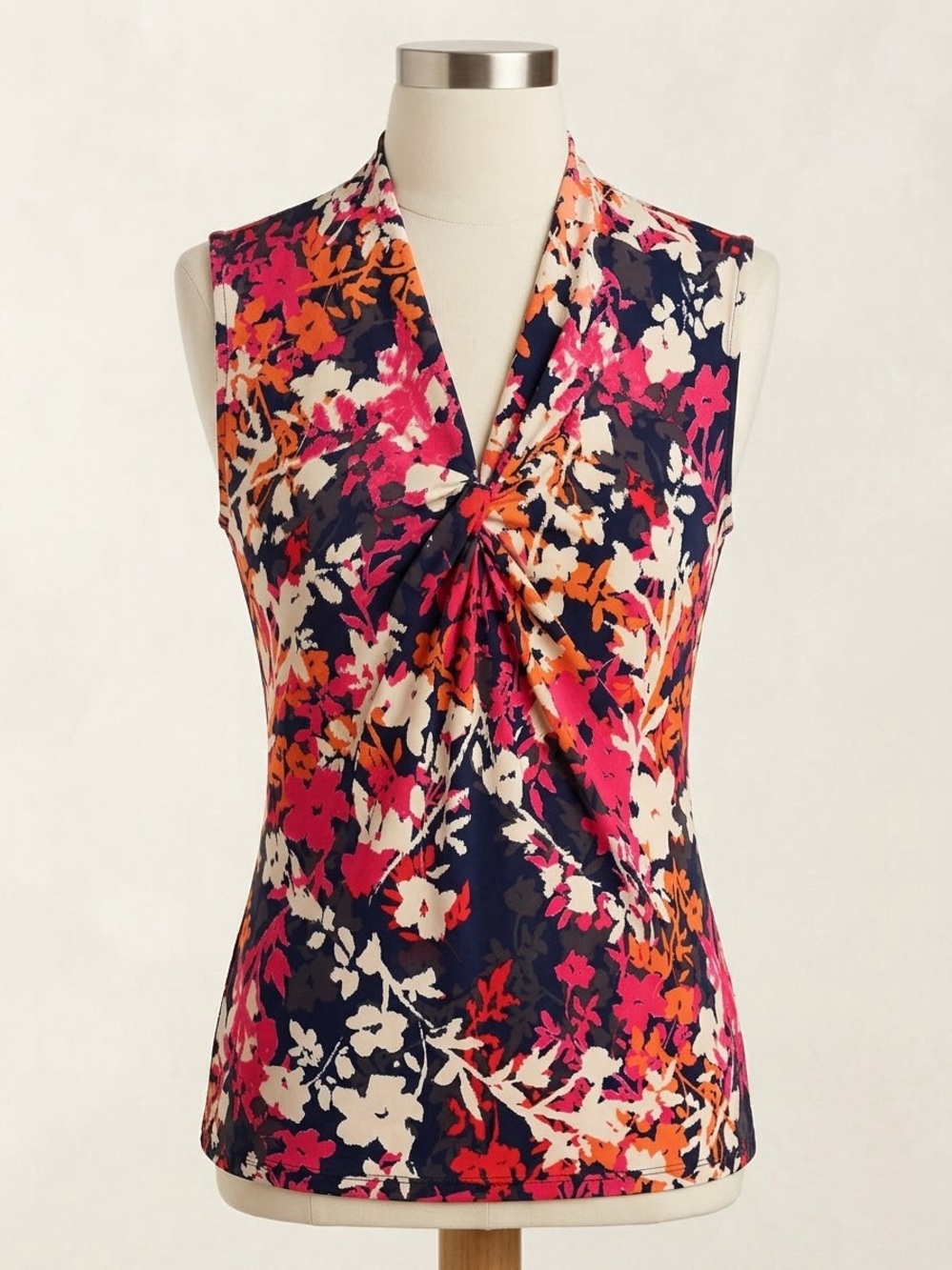Alfani Navy Floral Twist-Front Sleeveless Cami with Pink & Orange Accents